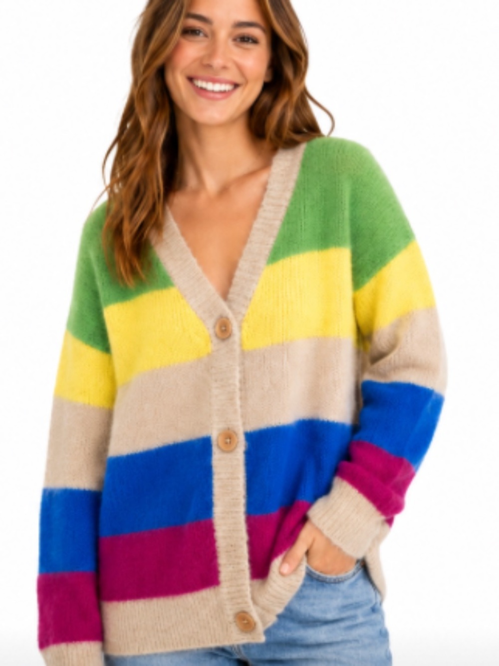 Moon River Rainbow Colorblock Oversized Fuzzy Knit Button Cardigan Sweater S
